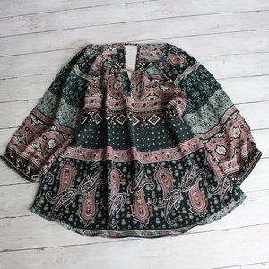 BCX Women's Boho Top Size M Green Pink Floral 3/4 Sleeves